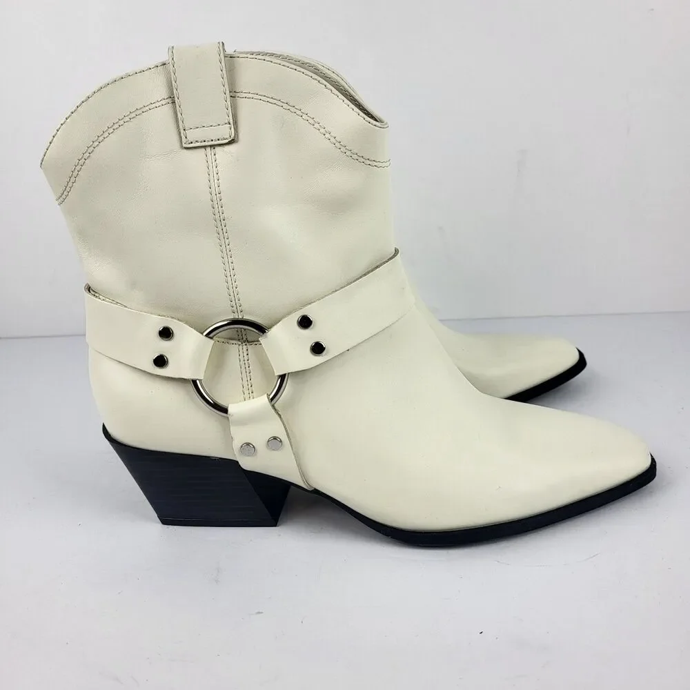 Open Edit Enzo Women's Leather Ankle Boot Ivory Western Bootie Size 8M